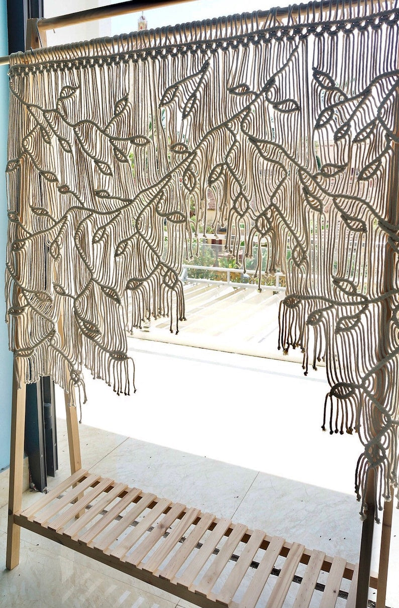 Makramee-Blatt-Fenstervorhang, Boho Fensterdekoration, 100x90 cm, Cremeweiß
