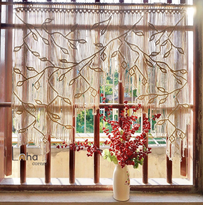 Makramee-Blatt-Fenstervorhang, Boho Fensterdekoration, 100x90 cm, Cremeweiß