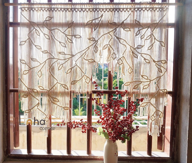 Makramee-Blatt-Fenstervorhang, Boho Fensterdekoration, 100x90 cm, Cremeweiß