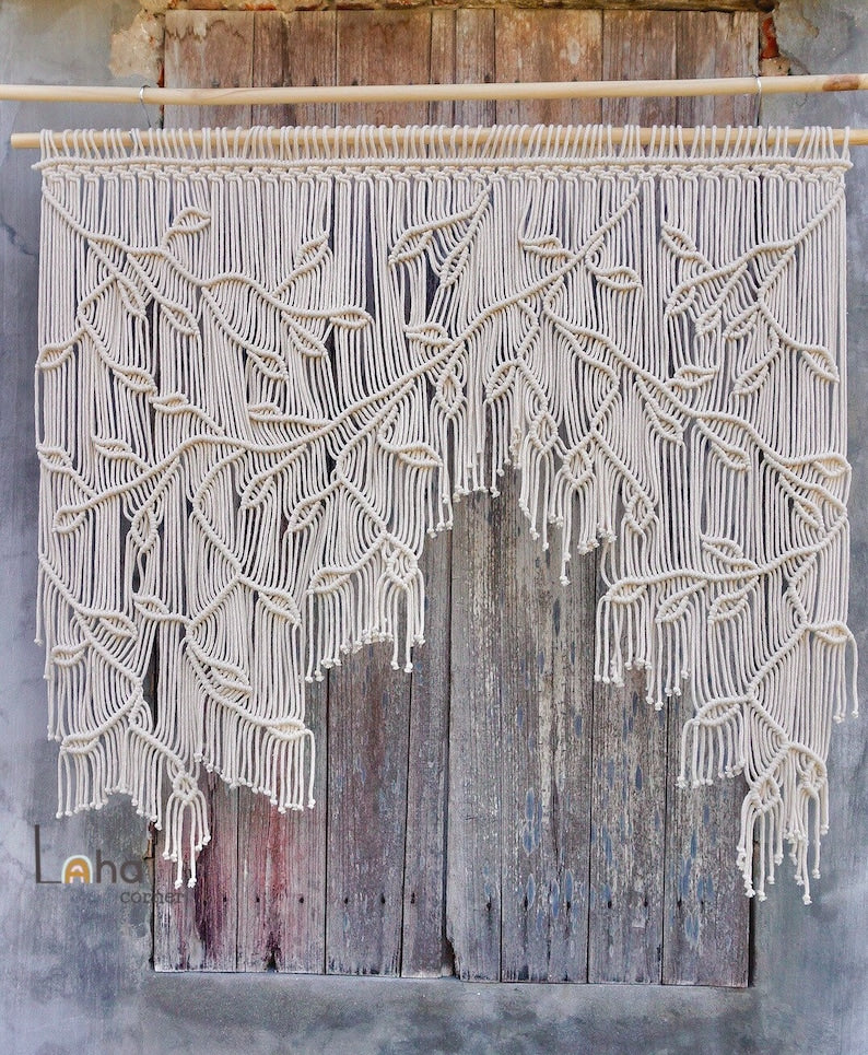 Makramee-Blatt-Fenstervorhang, Boho Fensterdekoration, 100x90 cm, Cremeweiß