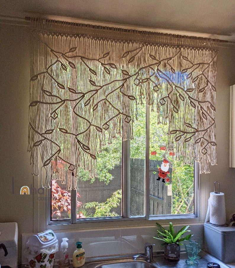 Makramee-Blatt-Fenstervorhang, Boho Fensterdekoration, 100x90 cm, Cremeweiß