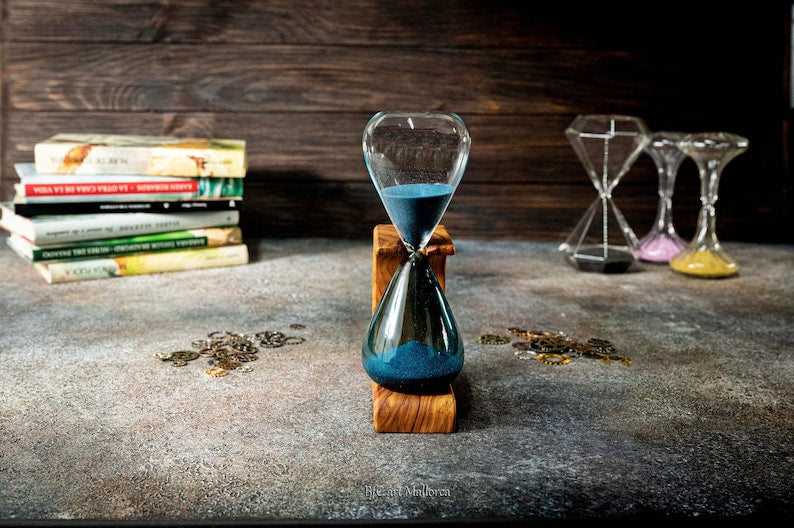15 Minuten Sanduhr mit Olivenholz Halter – 11 x 19 x 5 cm, Dekorativ