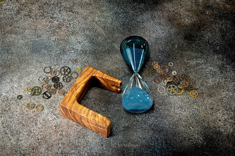 15 Minuten Sanduhr mit Olivenholz Halter – 11 x 19 x 5 cm, Dekorativ