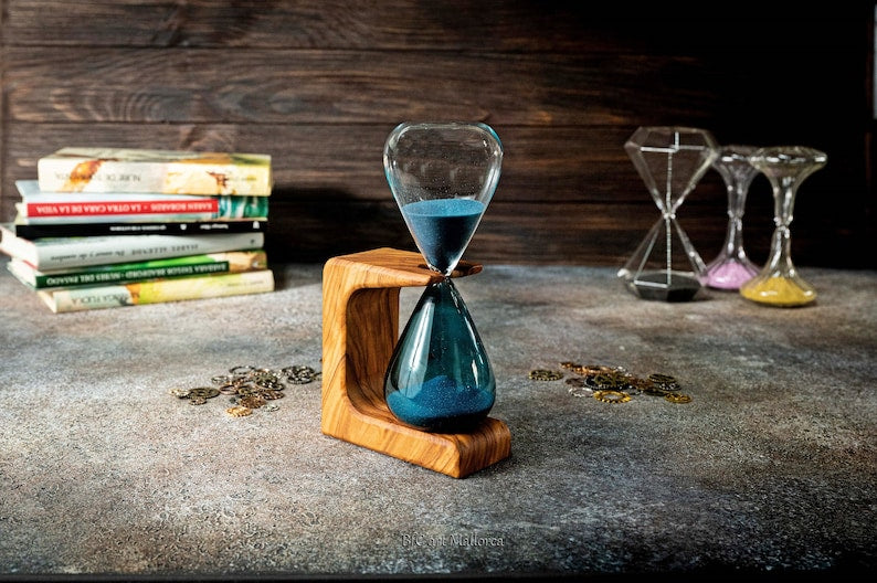15 Minuten Sanduhr mit Olivenholz Halter – 11 x 19 x 5 cm, Dekorativ
