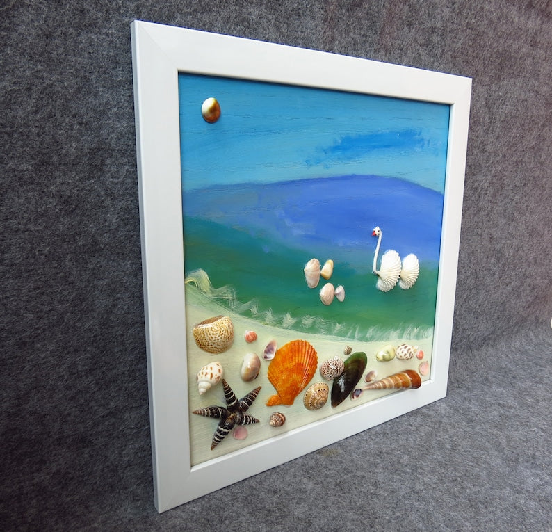Gemälde mit echten Muscheln, Strandkunst, Wanddekor, Muscheldekoration, handgefertigt, 30x40 cm