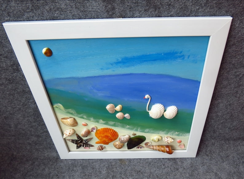 Gemälde mit echten Muscheln, Strandkunst, Wanddekor, Muscheldekoration, handgefertigt, 30x40 cm