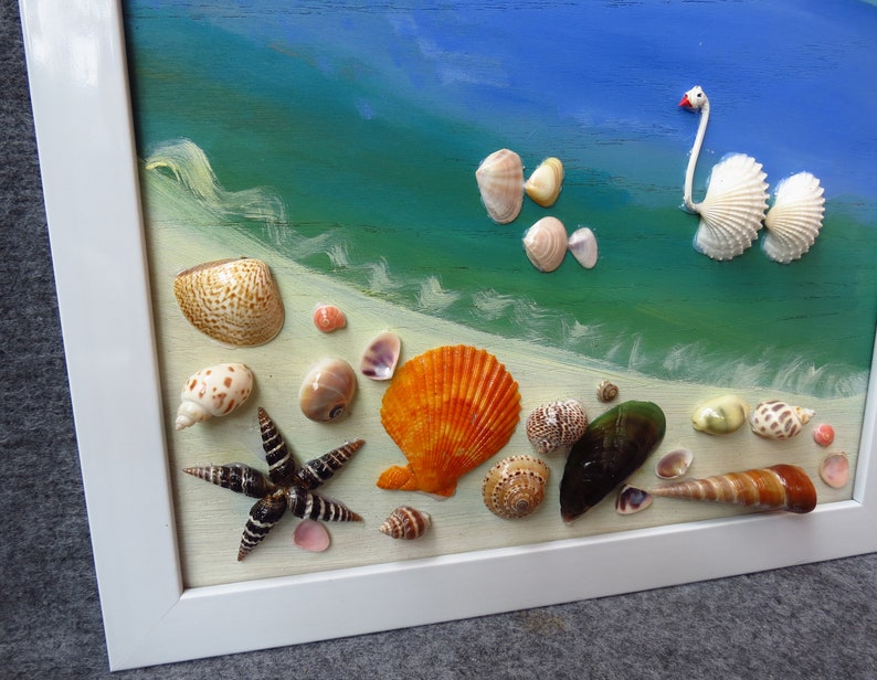 Gemälde mit echten Muscheln, Strandkunst, Wanddekor, Muscheldekoration, handgefertigt, 30x40 cm