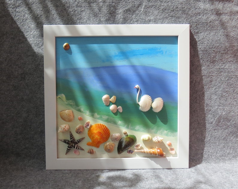 Gemälde mit echten Muscheln, Strandkunst, Wanddekor, Muscheldekoration, handgefertigt, 30x40 cm