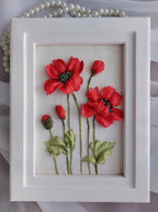 3D Gipsblumen Wanddekor, Mohnblume Skulptur Malerei, 25 x 17 cm, weißer Holzrahmen