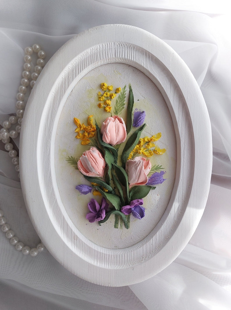 3D-Panel, Rosa Tulpe Skulptur Malerei, Blumenskulptur, skulpturale Kunst, dreidimensionale Blumen aus Gips, 3D-Blumen für die Wand, 25x17 cm