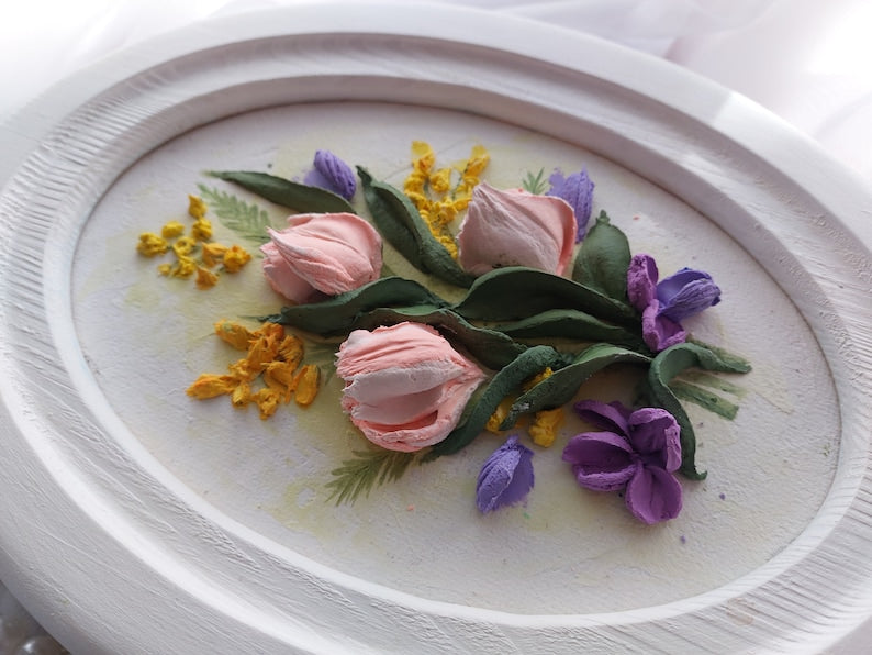 3D-Panel, Rosa Tulpe Skulptur Malerei, Blumenskulptur, skulpturale Kunst, dreidimensionale Blumen aus Gips, 3D-Blumen für die Wand, 25x17 cm