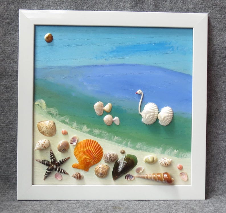 Gemälde mit echten Muscheln, Strandkunst, Wanddekor, Muscheldekoration, handgefertigt, 30x40 cm