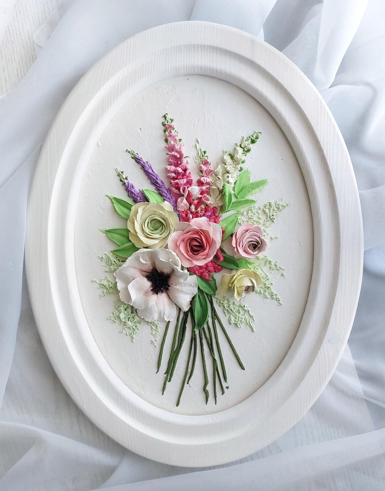 3D Blumen Wanddekor Skulpturmalerei, Gipsblumen im ovalen Holzrahmen, 43x33 cm