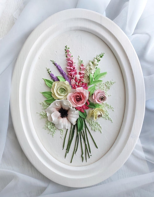 3D Blumen Wanddekor Skulpturmalerei, Gipsblumen im ovalen Holzrahmen, 43x33 cm