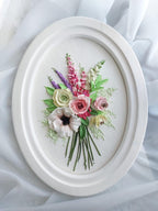 3D Blumen Wanddekor Skulpturmalerei, Gipsblumen im ovalen Holzrahmen, 43x33 cm