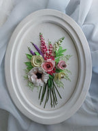 3D Blumen Wanddekor Skulpturmalerei, Gipsblumen im ovalen Holzrahmen, 43x33 cm