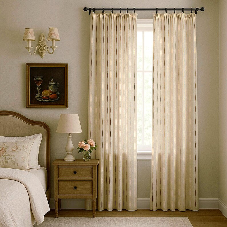 Cream Brown Striped Cotton Curtains French Country Style Pair Panels