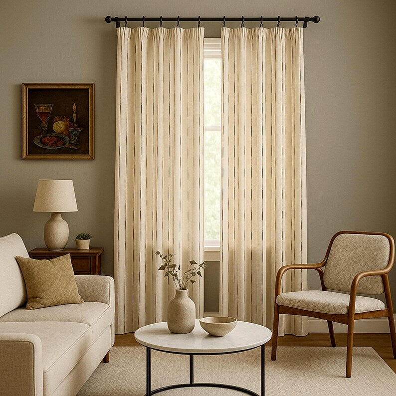 Cream Brown Striped Cotton Curtains French Country Style Pair Panels