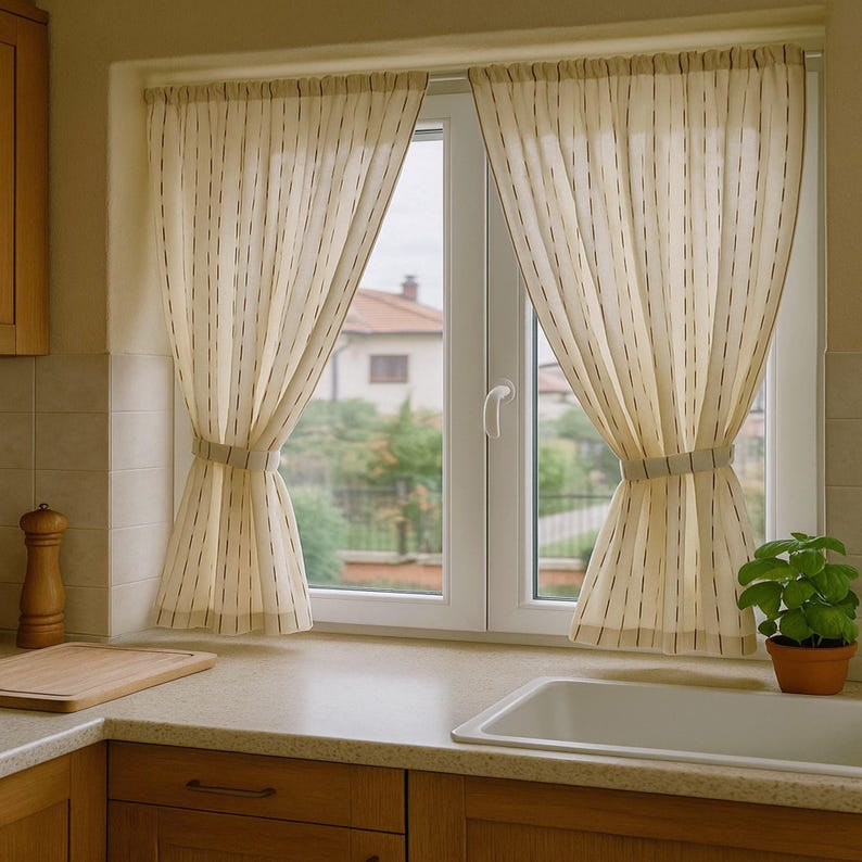 Cream Brown Striped Cotton Curtains French Country Style Pair Panels