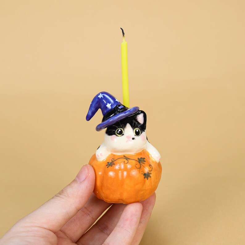 Halloween Cat Cake Topper Ceramic Kürbis Kerzenhalter Handbemalt Orange