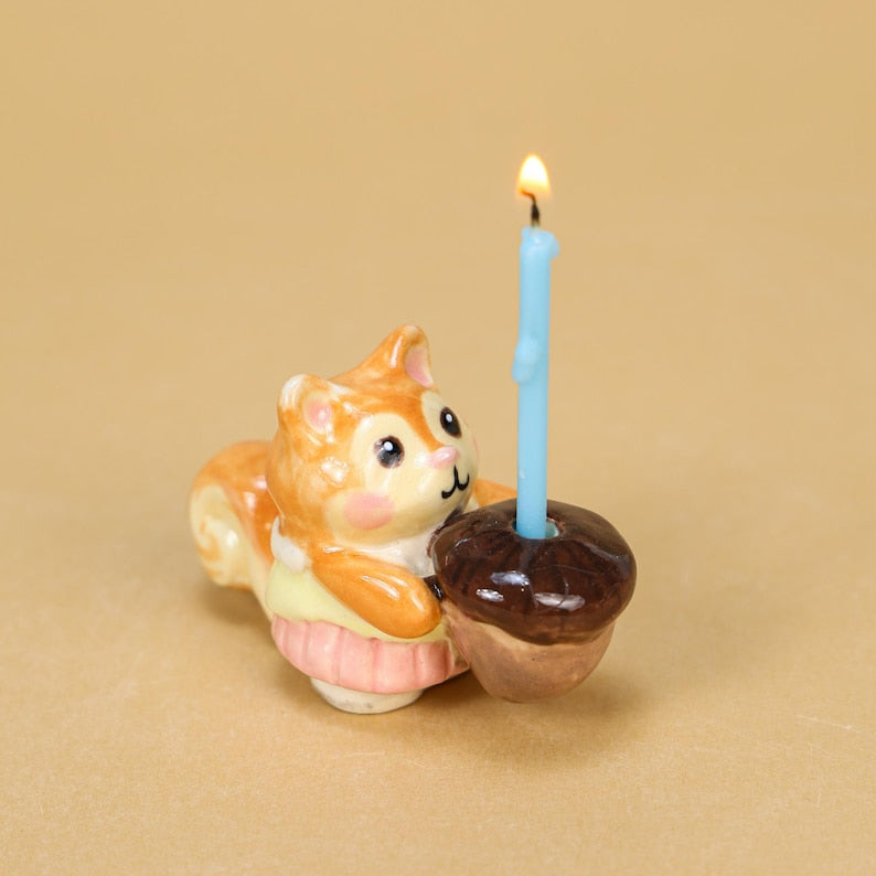 Keramik Eichhörnchen Tortenaufsatz mit Kerzenhalter, Natur Themen Kuchen Dekoration, Orange