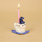 Keramik Hexe Hase Kuchen Topper mit Sternenhut und Kerzenhalter, blaue Basis, Halloween Tischdekoration