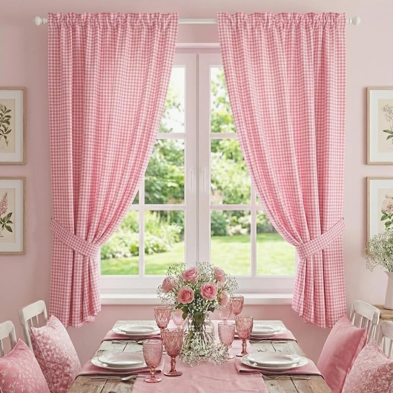 Rosa karierte Vorhangpaneele - 50 % Baumwoll-Polyester-Mischgewebe