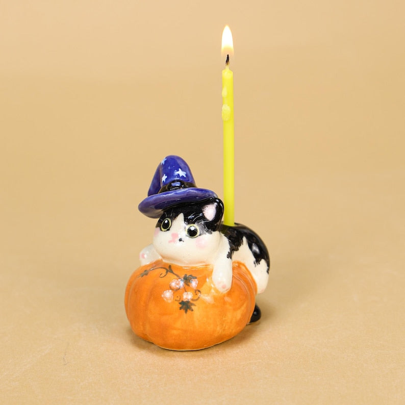 Halloween Cat Cake Topper Ceramic Kürbis Kerzenhalter Handbemalt Orange