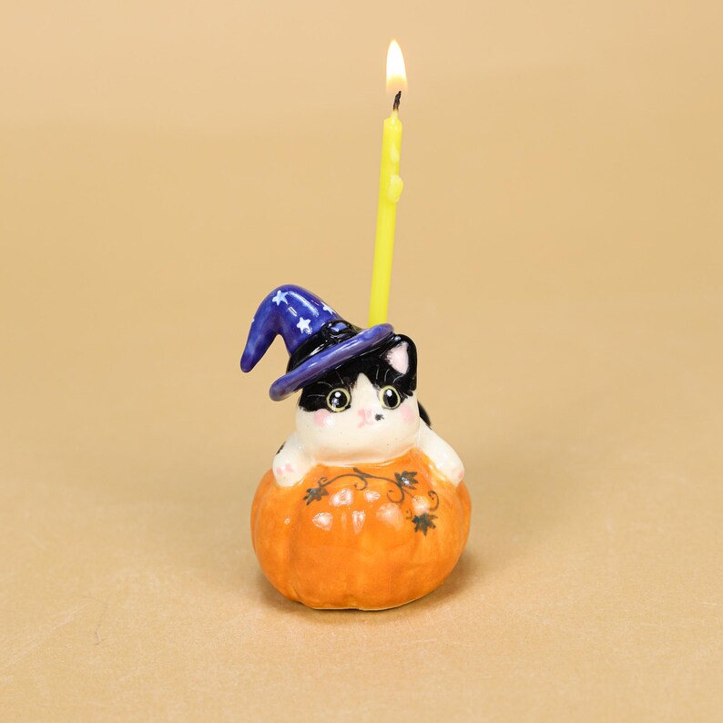 Halloween Cat Cake Topper Ceramic Kürbis Kerzenhalter Handbemalt Orange