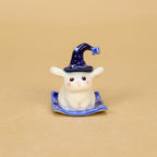 Keramik Hexe Hase Kuchen Topper mit Sternenhut und Kerzenhalter, blaue Basis, Halloween Tischdekoration