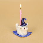 Keramik Hexe Hase Kuchen Topper mit Sternenhut und Kerzenhalter, blaue Basis, Halloween Tischdekoration