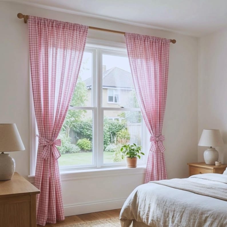 Rosa karierte Vorhangpaneele - 50 % Baumwoll-Polyester-Mischgewebe
