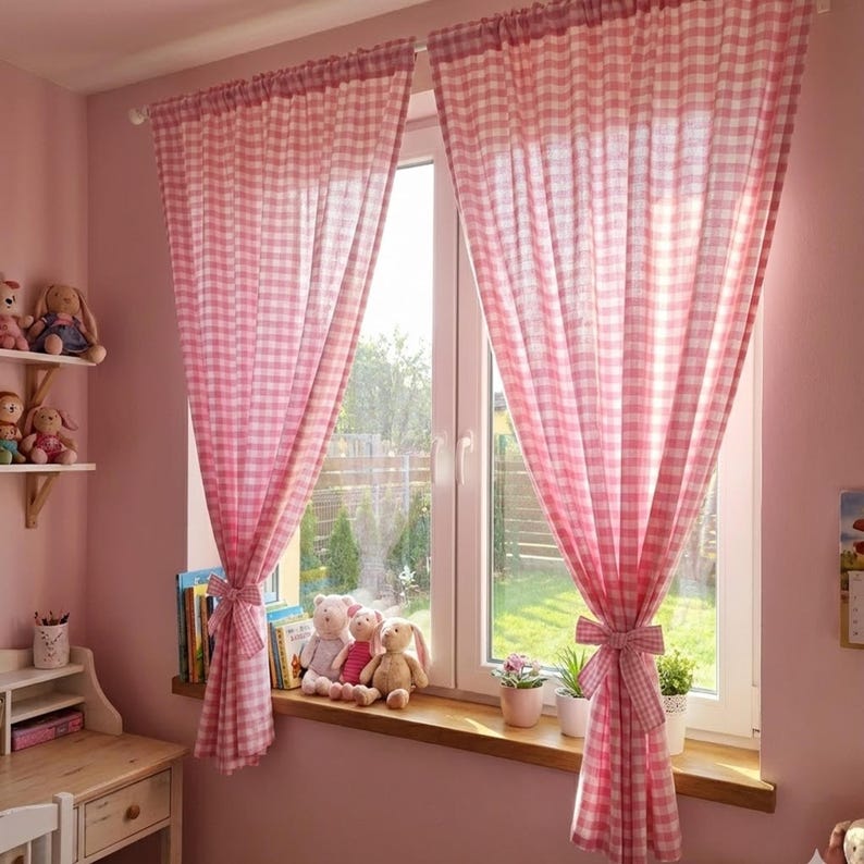 Rosa karierte Vorhangpaneele - 50 % Baumwoll-Polyester-Mischgewebe