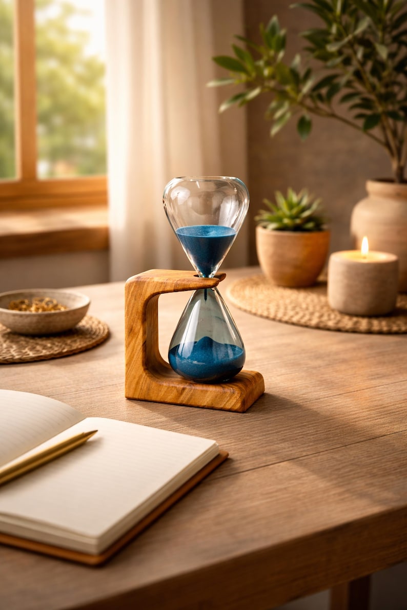 15 Minuten Sanduhr mit Olivenholz Halter – 11 x 19 x 5 cm, Dekorativ