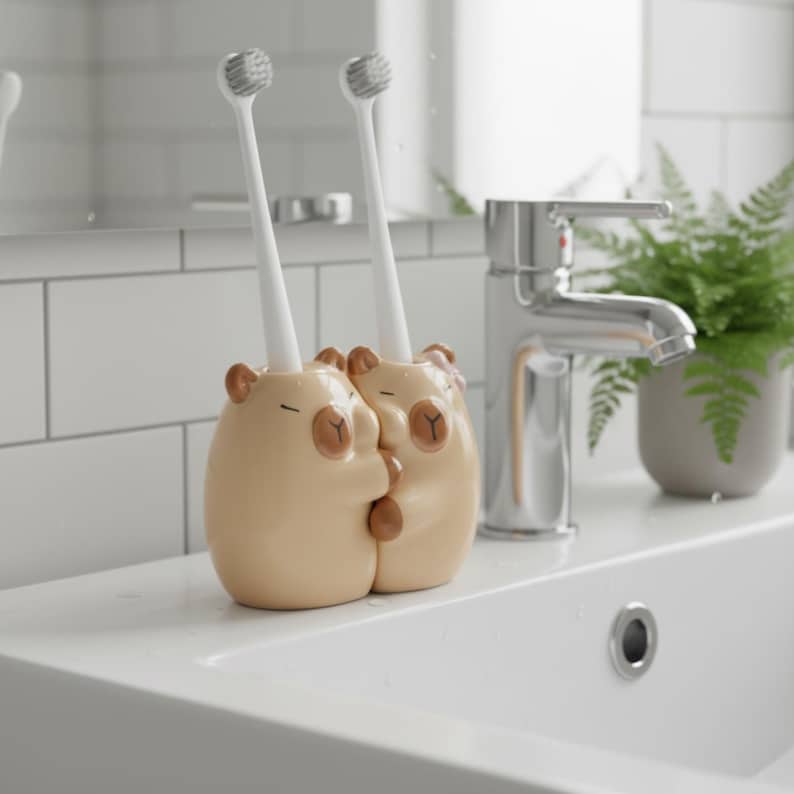 Keramik Zahnbürstenhalter Set mit umarmenden Capybaras, 9,5 cm breit, für 2 Handzahnbürsten