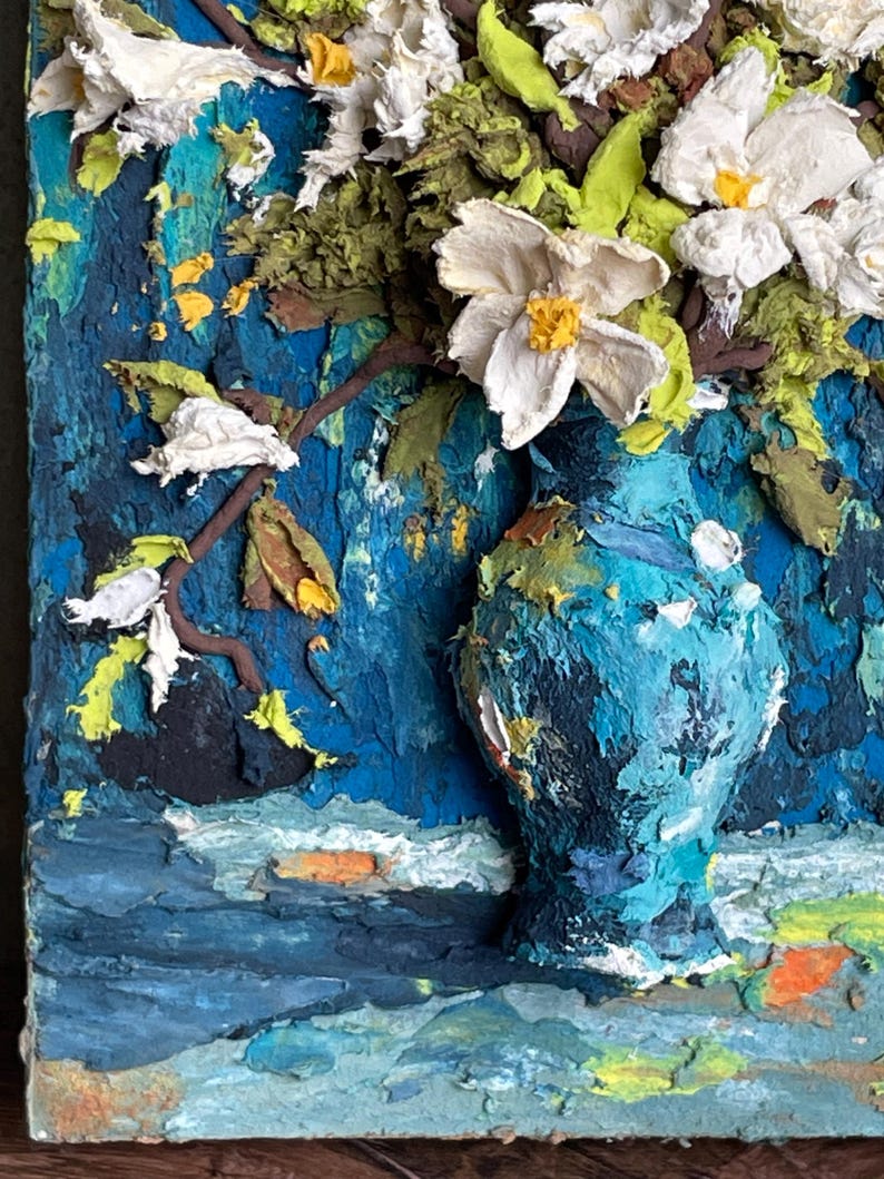 3D-Blumen-Reliefmalerei, handgefertigte Modellierpaste, Impasto-Kunst, 8 × 12 cm