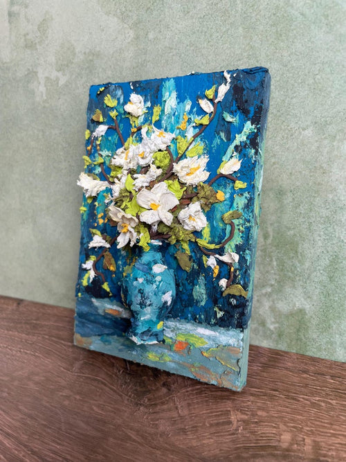 3D-Blumen-Reliefmalerei, handgefertigte Modellierpaste, Impasto-Kunst, 8 × 12 cm