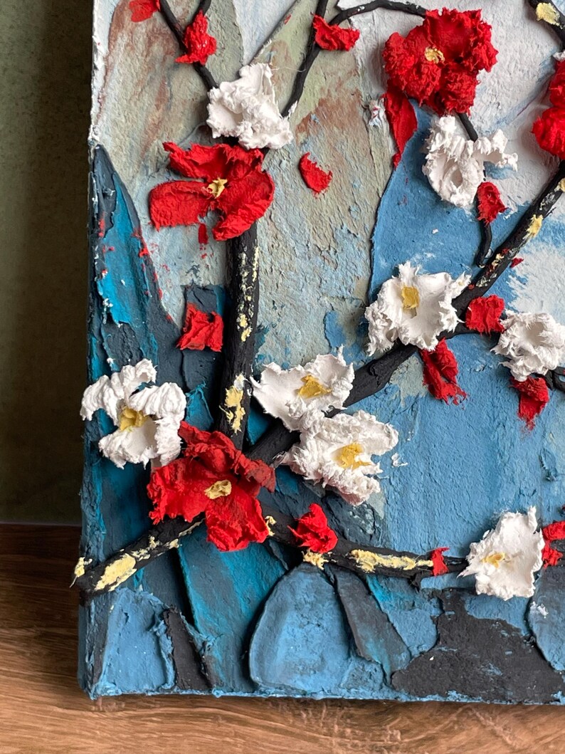Strukturiertes 3D-Blumenreliefbild, rote weiße Blüten, Impasto-Wandkunst (8 x 12 cm)