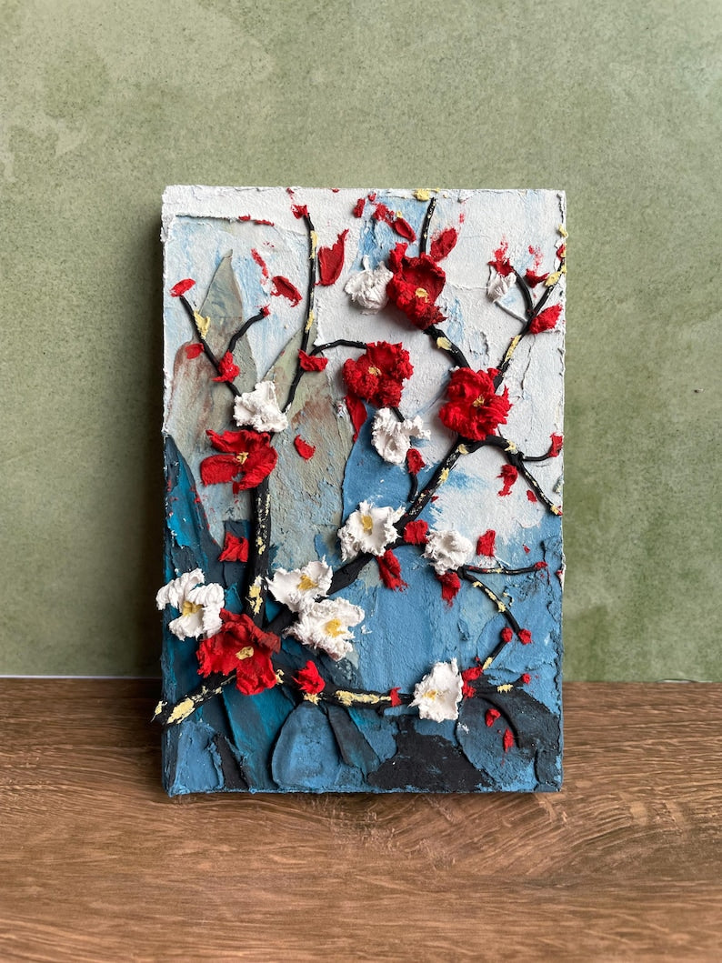 Strukturiertes 3D-Blumenreliefbild, rote weiße Blüten, Impasto-Wandkunst (8 x 12 cm)