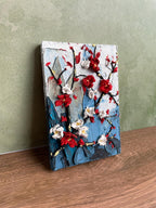 Strukturiertes 3D-Blumenreliefbild, rote weiße Blüten, Impasto-Wandkunst (8 x 12 cm)