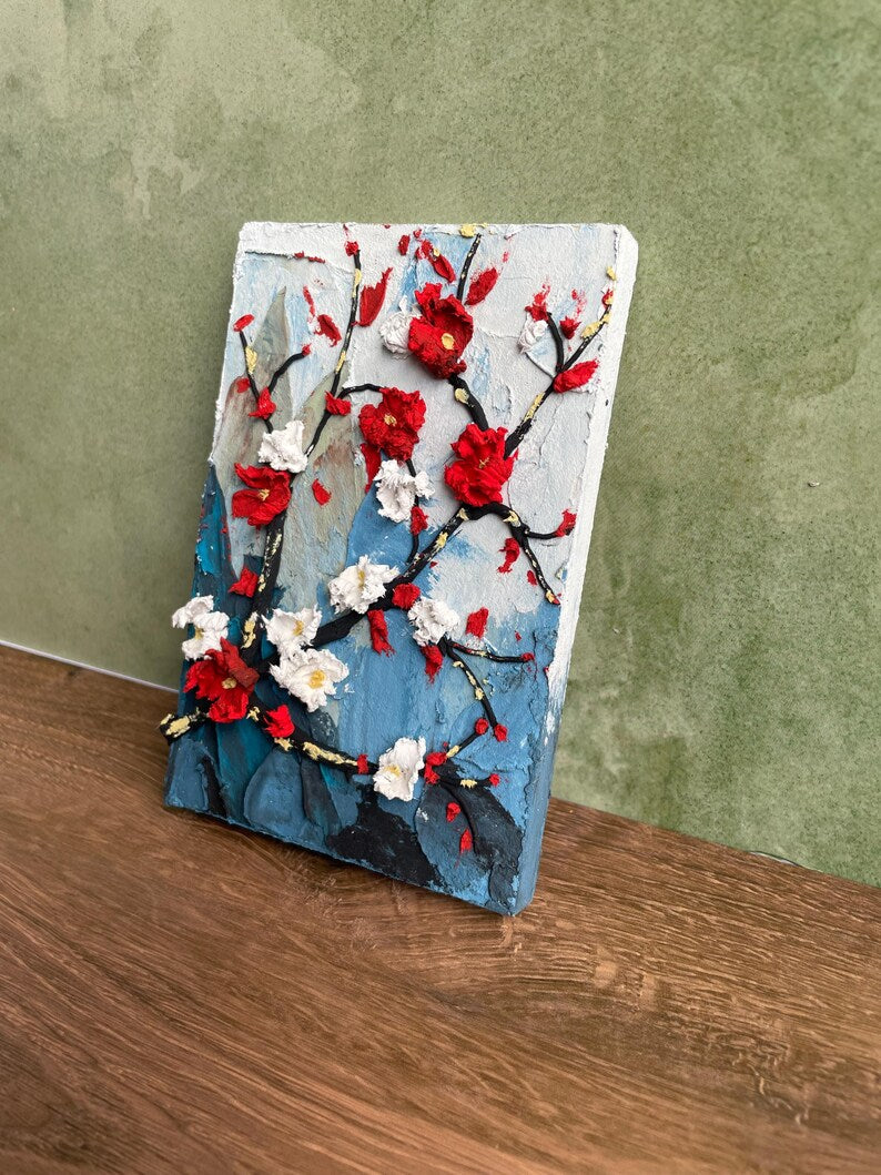 Strukturiertes 3D-Blumenreliefbild, rote weiße Blüten, Impasto-Wandkunst (8 x 12 cm)