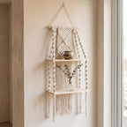 Makramee-Wandregal aus Baumwollseil mit Holzregalen, Boho Wanddekoration für Schlafzimmer und Wohnzimmer, 2 Stile