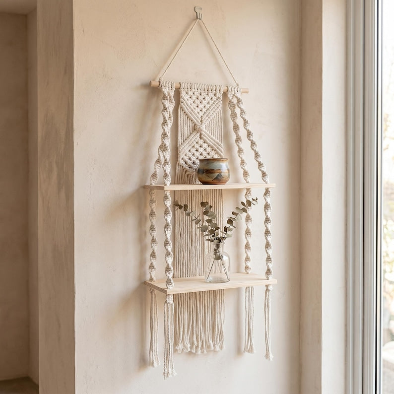 Makramee-Wandregal aus Baumwollseil mit Holzregalen, Boho Wanddekoration für Schlafzimmer und Wohnzimmer, 2 Stile