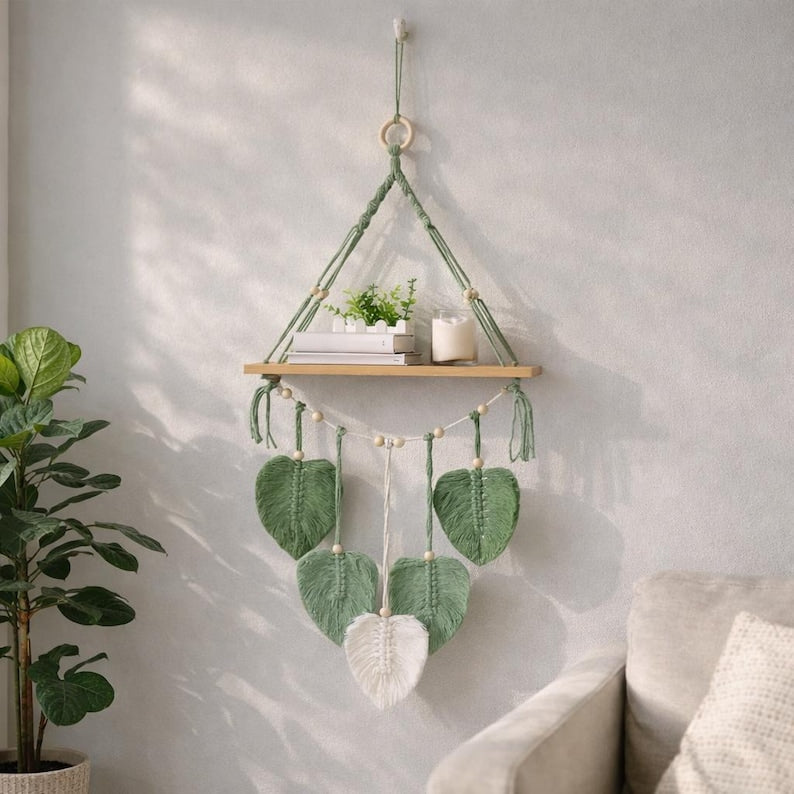 Makramee Wandregal Boho Aufbewahrungsregal Gehäkelt, Holzregal Wanddekoration
