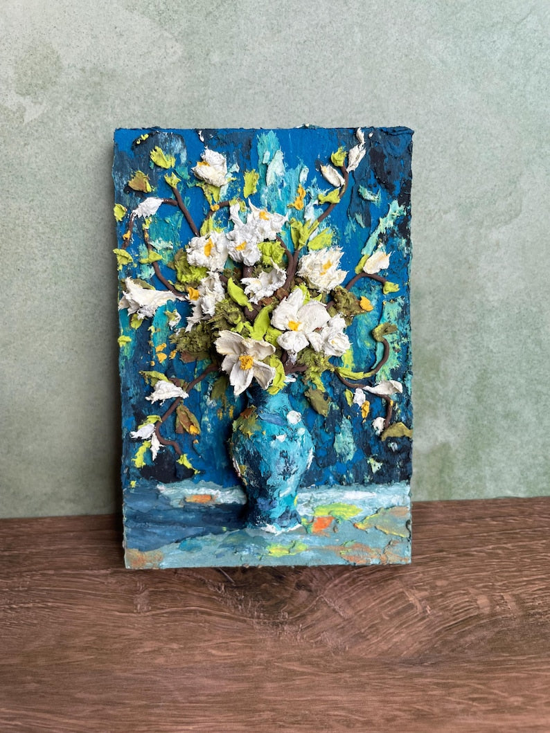 3D-Blumen-Reliefmalerei, handgefertigte Modellierpaste, Impasto-Kunst, 8 × 12 cm
