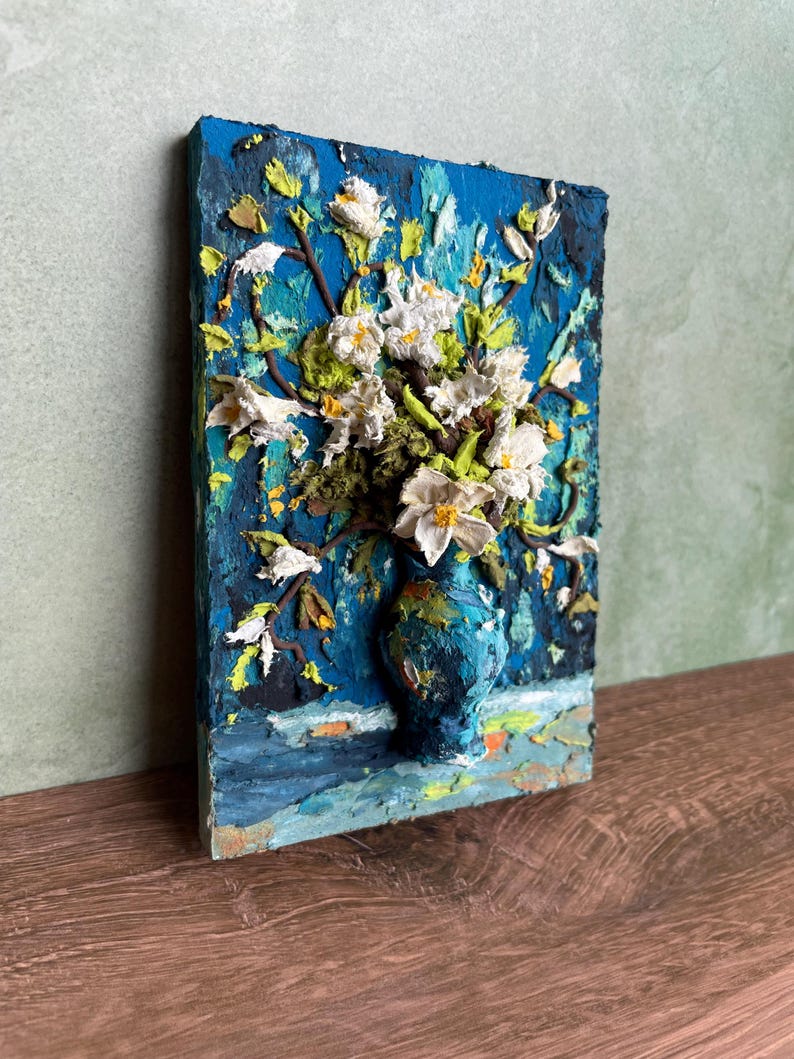 3D-Blumen-Reliefmalerei, handgefertigte Modellierpaste, Impasto-Kunst, 8 × 12 cm