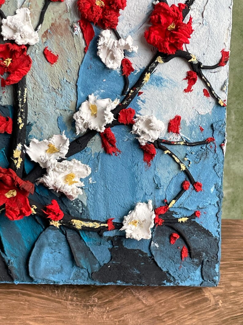 Strukturiertes 3D-Blumenreliefbild, rote weiße Blüten, Impasto-Wandkunst (8 x 12 cm)
