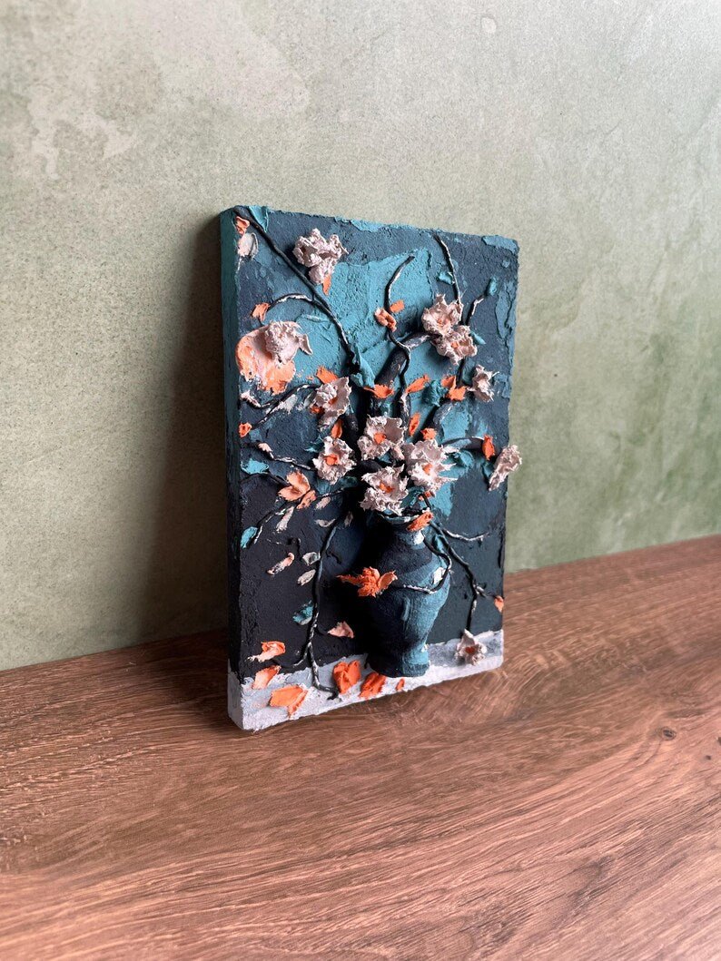 Skulpturale Mixed-Media-Blumen Wandkunst, 8x12 cm, Handmodelliertes 3D-Relief, Vintage-Blumenstrauß