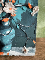 Skulpturale Mixed-Media-Blumen Wandkunst, 8x12 cm, Handmodelliertes 3D-Relief, Vintage-Blumenstrauß
