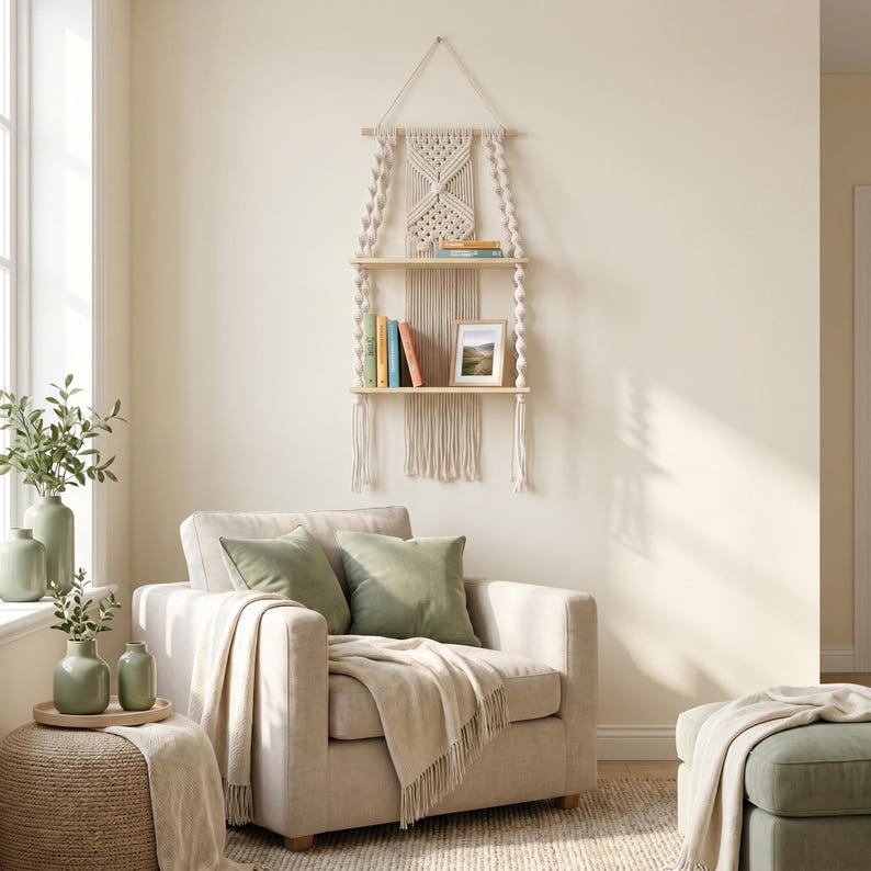 Makramee-Wandregal aus Baumwollseil mit Holzregalen, Boho Wanddekoration für Schlafzimmer und Wohnzimmer, 2 Stile